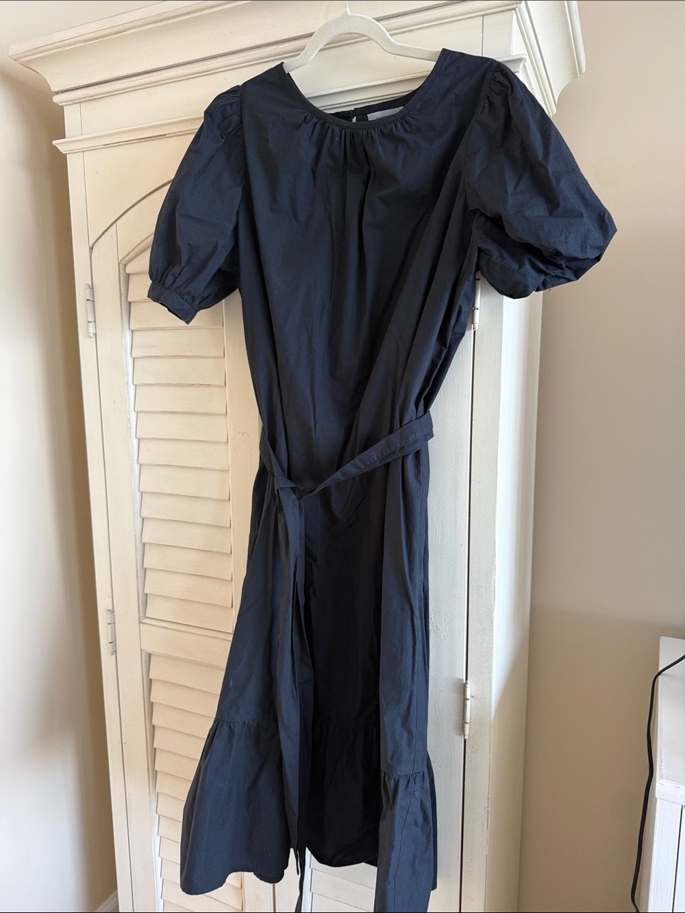 Black Puff-Sleeve Midi Dress with Waist Tie by Olivia James